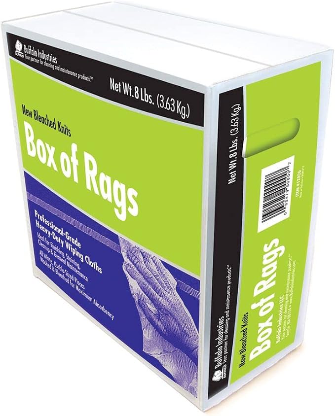 Buffalo Industries (12026) New White Bleached Knit Rags, 8 lb. box - All-Purpose Wiping, Cleaning, Polishing, Medium-Weight T-shirt Material, Washed and Bleached for Super Absorbency and Low-Linting