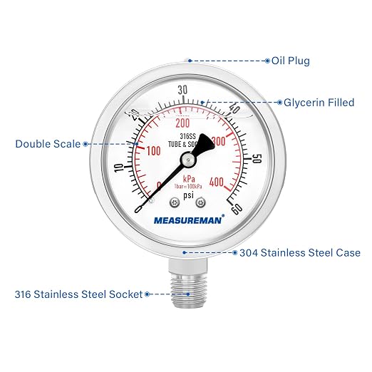 MEASUREMAN Fully Stainless Steel Hydraulic Glycerin Filled Pressure Gauge, 2-1/2" Dial Size, 1/4" NPT Lower Mount, 0-60psi/kpa