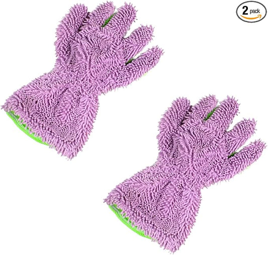 2PCS Car Wash Mitts, Double Sided Chenille Microfiber Dusting Gloves with 5-Finger Design, Anti-Scratch Auto Interior Exterior Detailing Mitt for Cleaning Wheel Tight Spot (Purple)