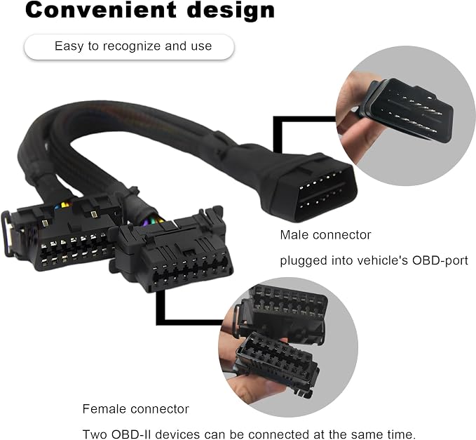 OBD2 Splitter, 16 Pin 1×Male to 2×Female Extension Connector Cable Splitter, Universal OBDII Extension Y Flat Ribbon Cord Adapter for Car Diagnostic Scanner, Car Accessories