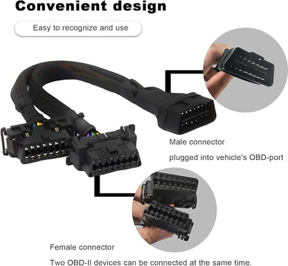 OBD2 Splitter, 16 Pin 1×Male to 2×Female Extension Connector Cable Splitter, Universal OBDII Extension Y Flat Ribbon Cord Adapter for Car Diagnostic Scanner, Car Accessories