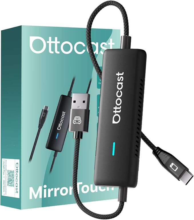 OTTOCAST Mirror Touch Wireless CarPlay Adapter - Bi-Directional Phone Mirroring & Dual Mode for Factory Wired CarPlay - Seamless iPhone & Android Integration