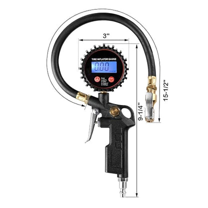 CZC AUTO Digital Tire Inflator Pressure Gauge, LED Display Tyre Deflator Gage with Straight Brass Lock-on Chuck Rubber Hose, Compatible with Air Pump Compressor for Truck Bus RV Car Motorcycle Bike