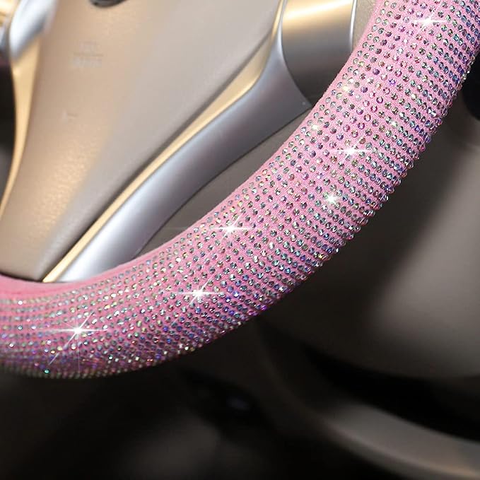 Carwales Pink Bling Steering Wheel Cover for Women Sparkly Rhinestone Bedazzled Car Accessories Diamond Cute 15.5-16 inch for Large Size Steering Wheel