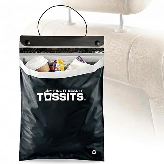 Tossits Recycled Disposable Car Trash Bags – Leakproof, Smell Proof Hanging Garbage Bags for Car, Truck, SUV, RV & Vehicle – Black, 42 Count Disposable Automotive Trash Bags