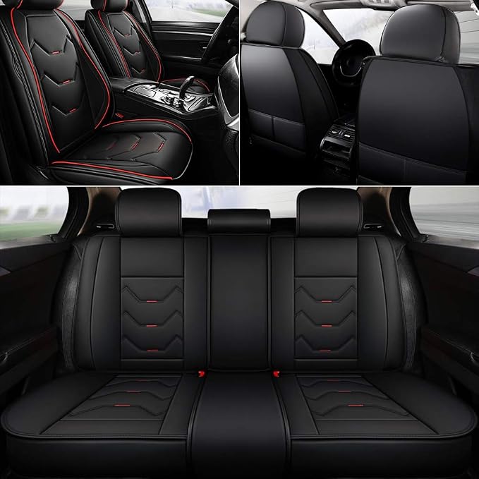 otoez Leather Car Seat Covers 5 Seats Full Set Fit Sedan SUV Truck Vans Leatherette Automotive Seat Cushion Protector Universal Fit for Most Honda Chevy Ford Hyundai Nissan Jeep VW, Black