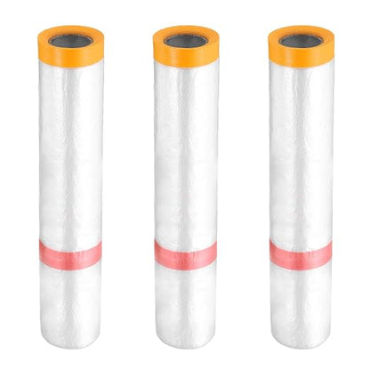 HARFINGTON 3 Rolls Pre-Taped Masking Film 157.5" x32.8ft Double Adhesive Tape and Drape Painters Plastic Drop Cloth Film with Tape Plastic Sheeting for Automotive Painting Covering