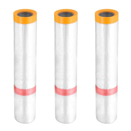 HARFINGTON 3 Rolls Pre-Taped Masking Film 157.5" x32.8ft Double Adhesive Tape and Drape Painters Plastic Drop Cloth Film with Tape Plastic Sheeting for Automotive Painting Covering