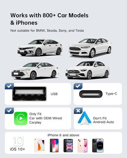 Wireless CarPlay Adapter for iPhone, Converts Factory Wired CarPlay to Wireless, Plug & Play Auto Reconnect, USB-A Dongle + USB-C Adapter, for Cars with OEM Wired CarPlay (iOS 10+, Car Model 2016+)