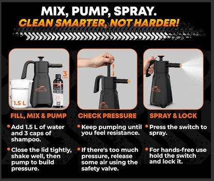 RoofPax Eco-Friendly Waterless Car Wash Spray Kit with Pressure Foam Microfiber Cloths Gel Cleaner Magic Sponge Tire Brush & Tire Spray Rinseless Car Wash for Exterior & Interior Cleaning