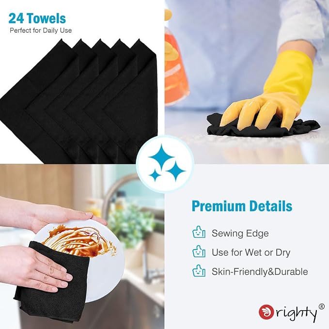 Orighty Black Microfiber Cleaning Cloth, Microfiber Towels for Cars, Highly Absorbent Car Cleaning Supplies, Lint Free Cloths Clean Rags for Car Care, House, Kitchen, 12x11 inch, Pack of 24