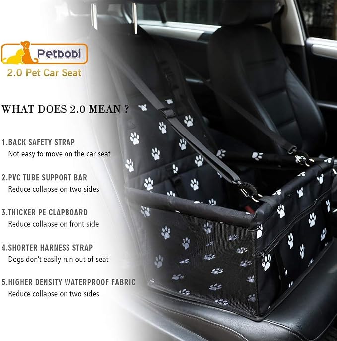 Petbobi Pet Reinforce Car Booster Seat for Dog Cat Portable and Breathable Bag with Seat Belt Dog Carrier Safety Stable for Travel Look Out,with Clip on Leash with PVC Tube, Black Paw Print