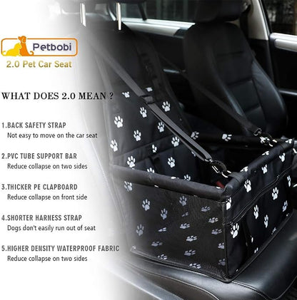 Petbobi Pet Reinforce Car Booster Seat for Dog Cat Portable and Breathable Bag with Seat Belt Dog Carrier Safety Stable for Travel Look Out,with Clip on Leash with PVC Tube, Black Paw Print