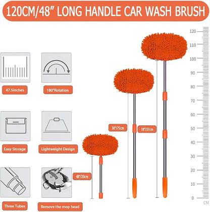 WillingHeart 47.5" Car Wash Brush Mop Cleaning Tool with Long Handle Kit for Washing Detailing Cars Truck, SUV, RV, Trailer, Boat 2 in 1 Chenille Microfiber Sponge Duster Not Hurt Paint Scratch Free