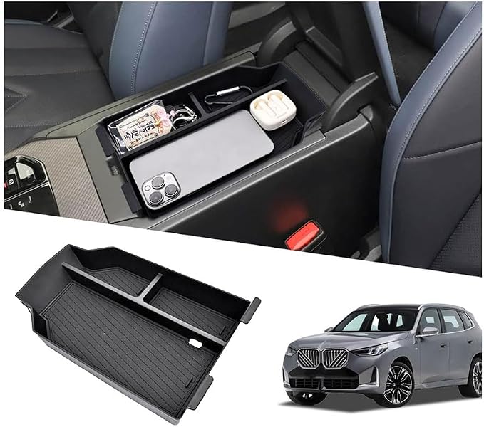 Center Console Organizer Fit For BMW X3 2025 2026 (30 xDrive/M50 xDrive) , ABS Plastic & Anti-Slip Rubber Console Storage Box with Charging Hole, Center Organizer for 2025 2026 BMW X3 Accessories