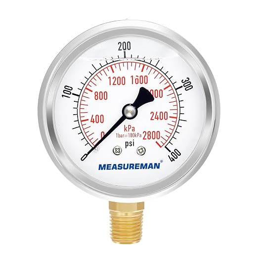 MEASUREMAN 2-1/2" Dial Size, Glycerin Filled Pressure Gauge, 0-400psi/2800kpa, 304 Stainless Steel Case, 1/4" NPT Lower Mount