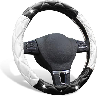 SuperKaKa Black and White Steering Wheel Cover, Auto Cute PU Diamond Bling Comfort Leather Car Interior Accessories Protector Sparkly Fit Most O-Shaped Steering Wheels