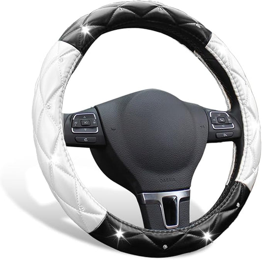 SuperKaKa Black and White Steering Wheel Cover, Auto Cute PU Diamond Bling Comfort Leather Car Interior Accessories Protector Sparkly Fit Most O-Shaped Steering Wheels