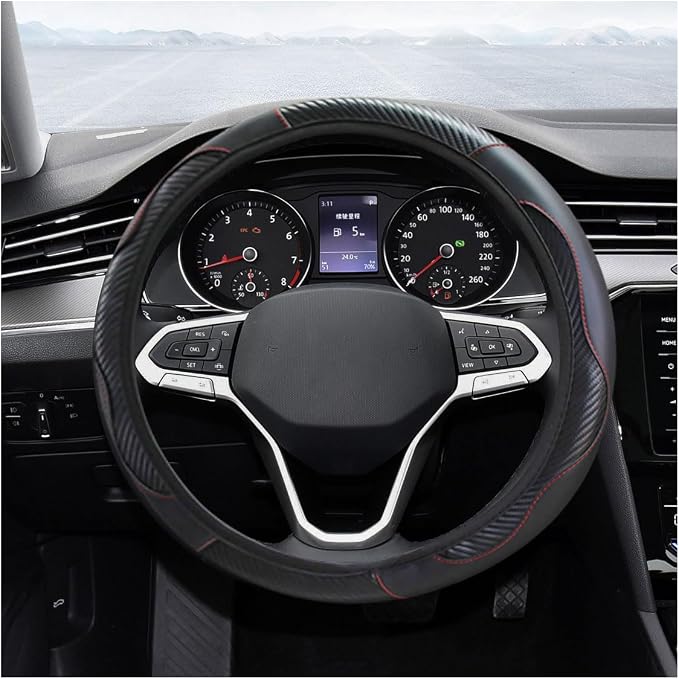 Car Steering Wheel Cover, 15 Inch Carbon Fiber Leather Elastic Steering Wheel Protector, Anti-Slip, Breathable & Soft Car Interior Accessories Universal for Most Cars, Men & Women (Black)
