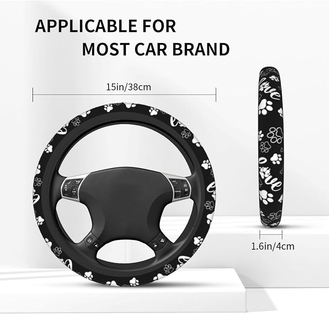 Paw Print Steering Wheel Cover Universal 15 Inch +2 Pieces Car Coasters | Anti-Slip Breathable Car for Men/Women Dog Paw Print Steering Wheel Cover Dogs Prints