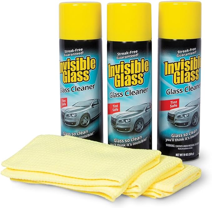 Invisible Glass 99011 Premium Aerosol Glass Cleaner Spray Kit Includes 3 Premium Aerosol Glass Cleaner Spray, 3 Waffle Weave Microfiber Towels for Streak-Free Auto Glass Windows, Windshields & Mirrors