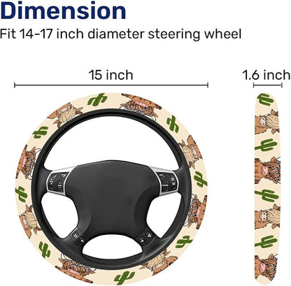 GENANY Cute Highland Cow Steering Wheel Cover, Non Slip Polyester Car Wheel Protector for Car SUV Truck, Universal 15 Inch