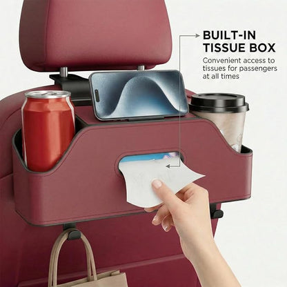 Car Backseat Headrest Organizer, Multifunctional 4-in-1 Back Seat Tissue Box with Cup Holders Hooks, Auto Seat Back Storage Organizer for Hold Phones, Drinks, Bags, Universal Fit (Red)