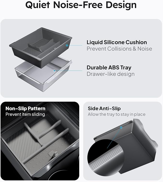 Wigoo Center Console Organizer for Tesla Model Y Juniper (Only Premium & Performance 2025 2026) and All Model 3 Highland Accessories [Double-Layer Storage, Smooth Sliding] 4PCS Gray