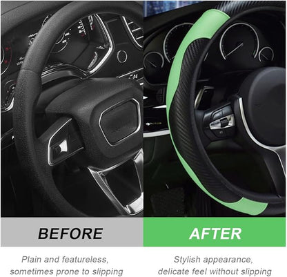 DXNQ Car Steering Wheel Cover, 15 Inch Carbon Fiber Leather Stitching Color Steering Wheel Protector, Anti-Slip Elastic Breathable Steering Wheel Cover Stylish Decor for Most Cars (Green)