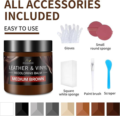 Leather Recoloring Balm and Scratch Repair Kit, Medium Brown Leather Restorer for Couches, Furniture, Car Seats, Leather Paint & Stain for Sofa, Chairs, Bags, and More