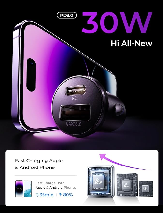LISEN 54W Car Phone Charger USB C, Cigarette Lighter Adapter, Car Accessories for iPhone, USB C Car Charger Adapter USBC Type C 12v, Fit for iPhone 16, 15, 14, 13 Samsung Google iPad Android, Orange | Cigarette Lighter Charger, USB C Car Charger Fast C...