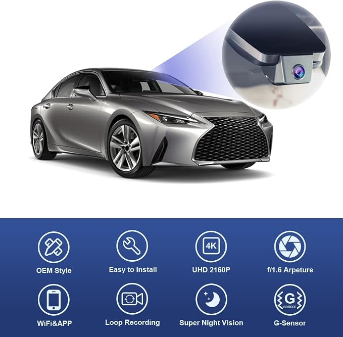 Fitcamx 4K Dash Cam Compatible with Lexus is 2017-2025 IS350 IS300 AWD IS200t F Sport, OEM Factory Look, 2160P UHD Video, Built-in WiFi & APP, Loop Recording, G-Sensor, Plug & Play, 64GB MicroSD Card