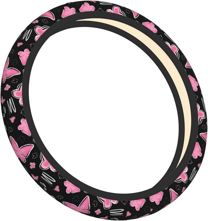 Pink Butterfly Steering Wheel Cover for Women, Universal Auto Steering Wheel 14-15 Inch Car Interior Accessories with 2PCS Car Coasters, Suitable for Men and Women
