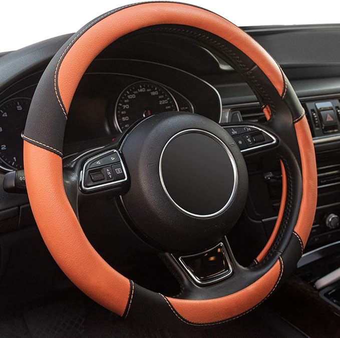 Steering Wheel Covers Black Universal Microfiber Leather, Suitable for 14 1/2-15 inch Car Steering Wheel Cover, Breathable, Anti Slip- Orange