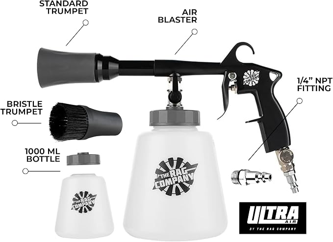 The Rag Company - Ultra AIR Blaster Plus - Deep Clean Interior Detailing Tool; Air and Liquid Combo; Durable Metal Design; Trigger Operated - Black