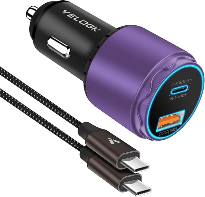 VELOGK Super Fast Type C Car Charger [73W Turbo], Fast Adaptive 55W 45W PPS/PD&QC3.0 USB C Car Adapter[Super Fast Charging 2.0]for Samsung S26/S25 Ultra/S24 Ultra/S23 Ultra/S22+/S21, iPad Pro(Purple)