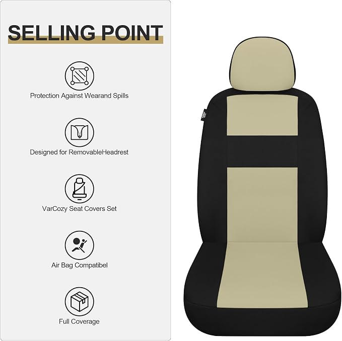 VarCozy Seat Covers for Car Front Pair, Breathable Cloth Front Car Seat Covers, Universal Cloth Seat Covers for SUV Sedan Van, Automotive Interior Covers, Airbag Compatible