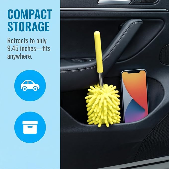 2PCS Car Interior Duster with Extension Pole, 9.45" to 28.35" Microfiber Soft Vehicle Dash Dusting Detailing Wash Brushes, Automotive Dash Cleaning Tool, Universal for SUV RV Truck (Yellow)