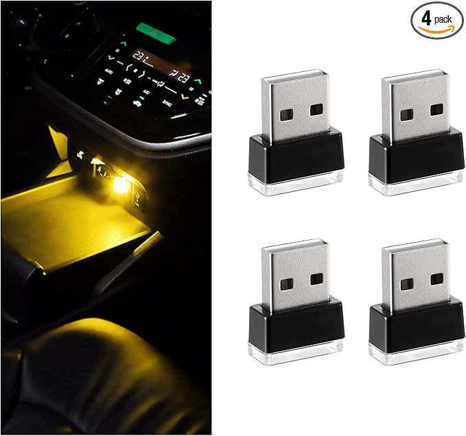 4 PCS USB LED Car Interior Atmosphere Lamp, Portable Mini LED Night Light, Plug-in USB Interface Trunk Ambient Lighting Kit, Universal Interior Car Accessories (Yellow)