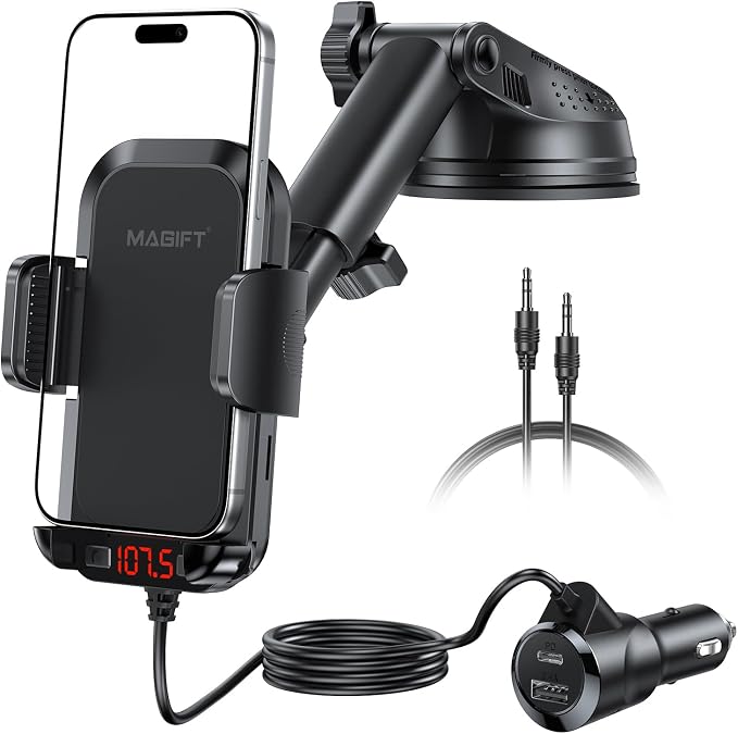 Bluetooth Car Adapter | with Phone Holder, PD 48W Fast Charging, Strong Microphone, HiFi Bass Sound, Hands-Free Call, Support USB/TF Drive
