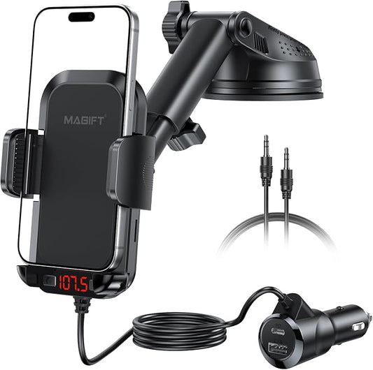 Bluetooth Car Adapter | with Phone Holder, PD 48W Fast Charging, Strong Microphone, HiFi Bass Sound, Hands-Free Call, Support USB/TF Drive