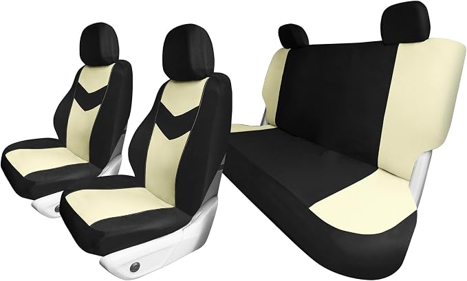 Universal Fit Chevron Flat Cloth Car Seat Covers Full Set - Beige