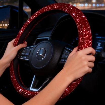 Car Bling Steering Wheel Cover for Women Girls Burgundy 15 Inch Universal Red Crystal Rhinestone Diamonds Bling Bling Accessories Anti-Slip Wheel Protector