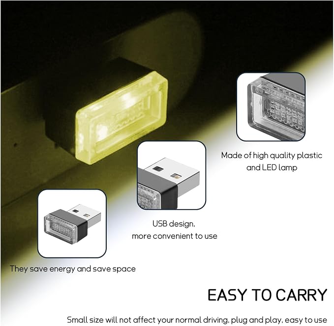 Dickno 4 PCS USB LED Car Interior Atmosphere Lamp, Portable Mini LED Night Light, Plug-in USB Interface Trunk Ambient Lighting Kit, Universal Vehicle Interior Accessories (Yellow)