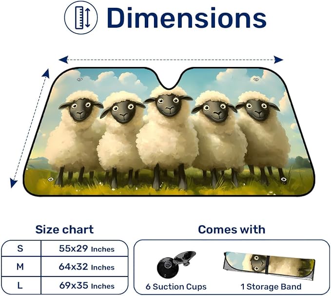 GENANY Sheep Windshield Cover for Car SUV Truck (55x30 Inches), Foldable Heat Shield, Shades for Front Windows, Protector Blocks UV, Car Decor