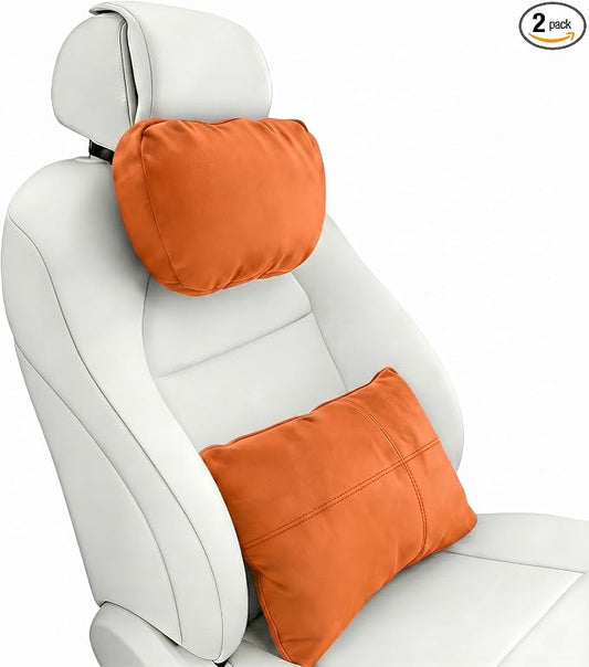 2PCS Car Pillow for Car Neck Pillow for Driving Seat Neck Support Soft Cushion Back Support Head-Rests for Vehicle Sleeping with Elastic Adjustment Strap (Orange, Head and Lumbar)