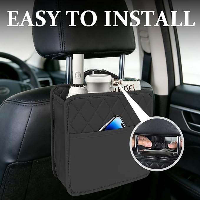 Car Seat Back Organizer, Leather Backseat Hanging Storage Bag, Multipurpose Car Hanging Trash Bag with 2 Compartments, Car Large Capacity Pouch Pocket for Kids & Adults (Black)