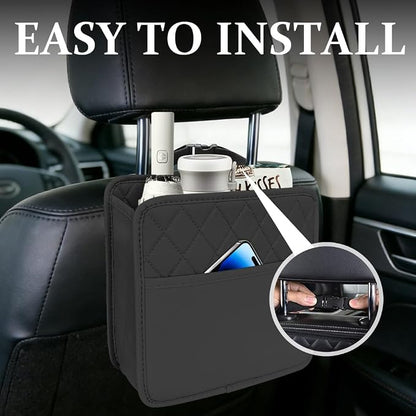 Car Seat Back Organizer, Leather Backseat Hanging Storage Bag, Multipurpose Car Hanging Trash Bag with 2 Compartments, Car Large Capacity Pouch Pocket for Kids & Adults (Black)