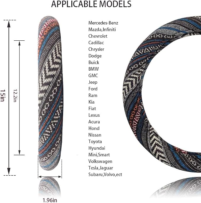 Universal 15inch Ethnic Style Baja Blanket Steering Wheel Cover with Coarse Flax Cloth and Sweat Absorption Anti Slip Car Wrap (Boho Dark)