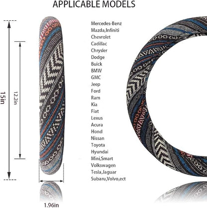 Universal 15inch Ethnic Style Baja Blanket Steering Wheel Cover with Coarse Flax Cloth and Sweat Absorption Anti Slip Car Wrap (Boho Dark)